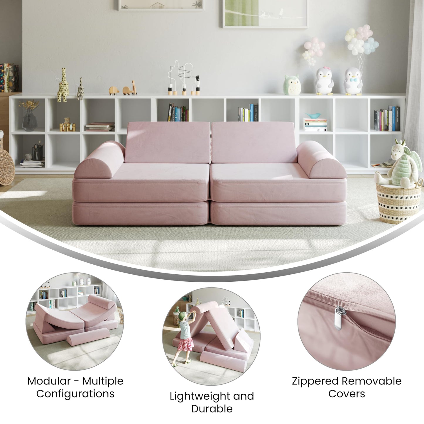 Flash Furniture Marlowe Modular Foam Kids Play Couch, 6 Soft Sectional Sofa Pieces, Convertible Kids Couch, Removable Covers, 56", Blush