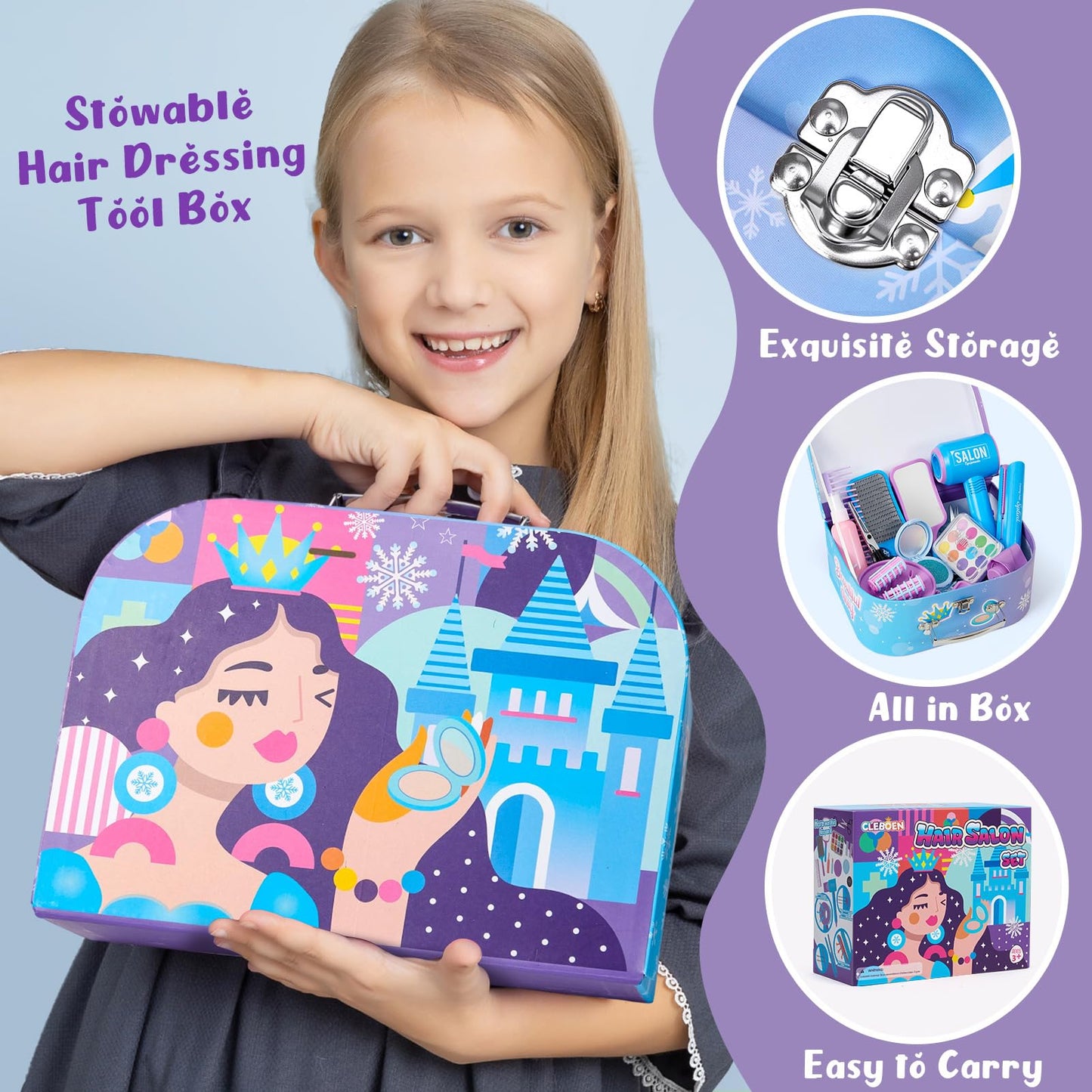 Cleboen Hair Salon Toys for Girls, Kids Pretend Play Beauty Salon Hair Styling Set with Blow Dryer Straightener Mirror Apron Styling Accessories & Makeup Set, Birthday Gifts for Girls 3 4 5 6 7 8+