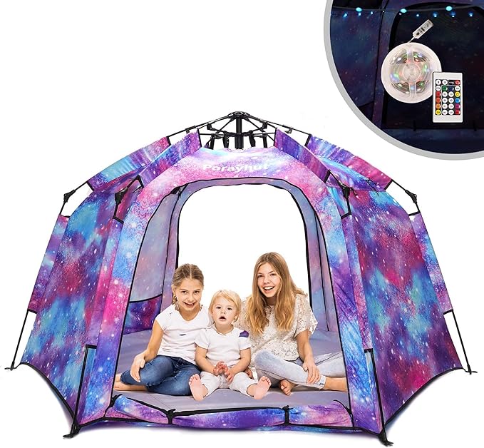Portable Hexagon Kids Play Tent with LED Strip Lights Indoor Children Play House Easy Set-up Space Large Dream Tent for Ni...