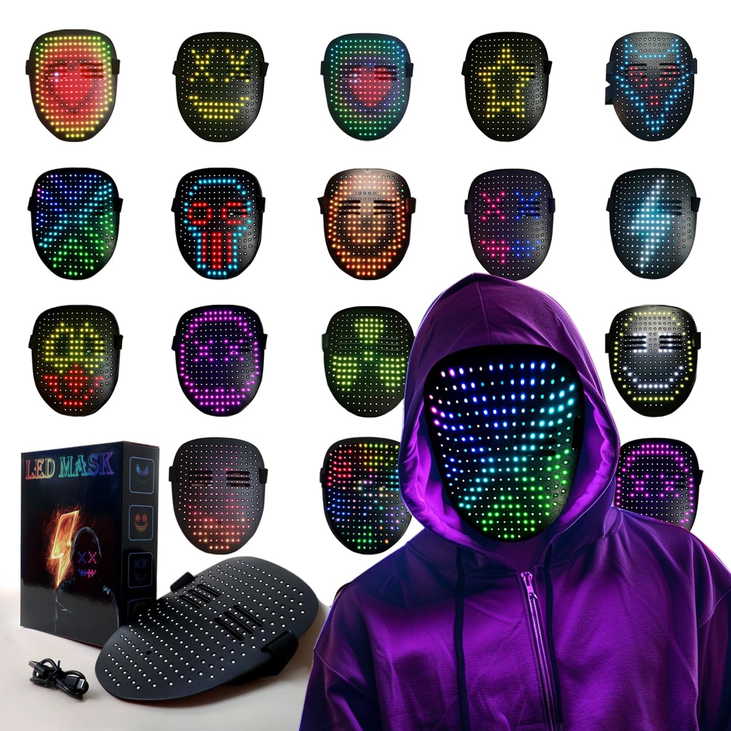 LAIYASHIMAN Led Mask with Gesture Sensing，Light up Masks for Kids/Men/Women，Glow Mask for Halloween Xmas Costume Cosplay Party
