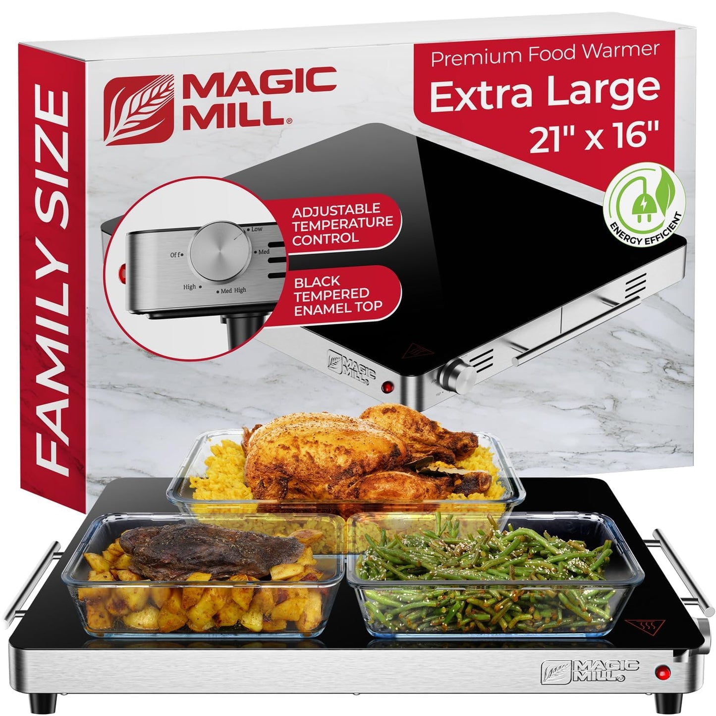 Magic Mill Premium-Grade Glass Food Warmer for Parties Buffet, XL Stainless Steel Modern Electric Warming Tray, Adjustable Temperature Control, Advanced Precision-Engineered Heating System Size-21x16