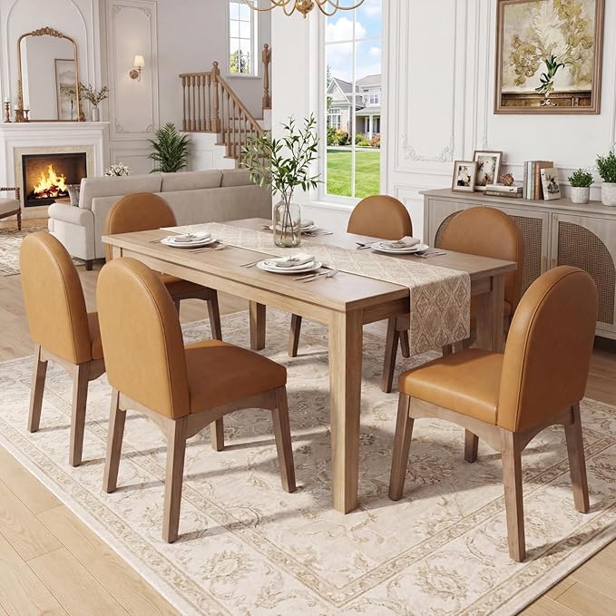 DUOMAY Modern Dining Chairs Set of 4, Mid Century Faux Leather Dining Room Chairs Upholstered Kitchen Chairs with Solid Rubberwood Legs, Armless Accent Side Chairs, Brown