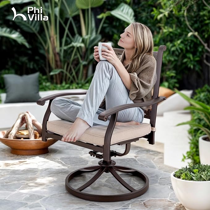PHI VILLA Cast Aluminum Outdoor Patio Swivel Dining Chairs, Extra Wide Armrest Chairs with Seat Cushion, Casting Aluminum Back for All Weather, Set of 4