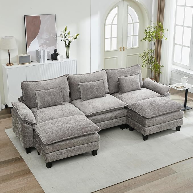 URRED Cloud Couch Modular Sectional Sofa, 122" Modern U Shaped Deep Seat Sofa with 2 Ottomans & Pillows, Ultra Comfy Chenille Couches for Living Room, Bedroom or Apartment, Light Gray