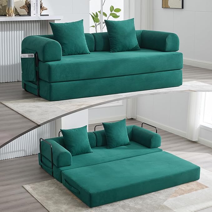 ZEIINPA Convertible Sleeper Sofa Bed, Folding Floor Sofa Bed with Fixed-Shape Frame, Corduroy Floor Sleeper Sofa with Storage Pocket, Futon Boneless Sofa Couch for Living Room, Emerald Green