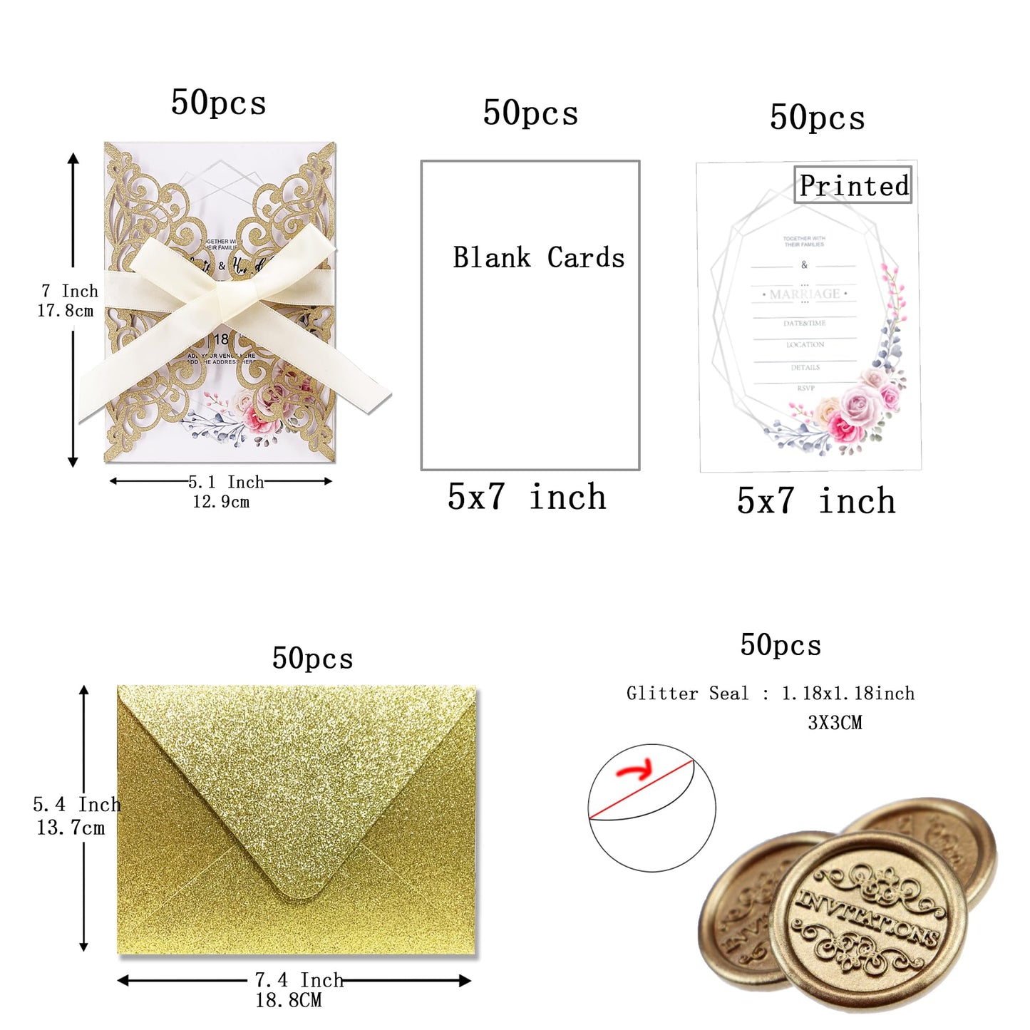 Fashmade 50Pcs Laser Cut Wedding Invitation With Glitter Envelopes And Ribbons Blank Personalized Card Invitaciones Para quinceañera Birthday Baby Shower Christmas Party Bridal Shower (Gold)