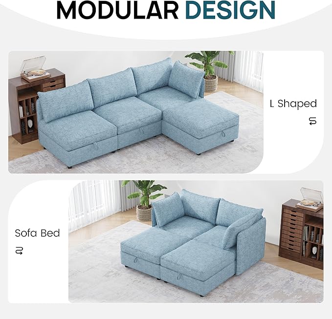 FIRLZY Modular Sectional 4 Seater Sofa with Removable Covers and Storage, Convertible L-Shaped and Sleeper Sectional, Modern Upholstered Couch with Removable Ottoman for Living Room, Blue