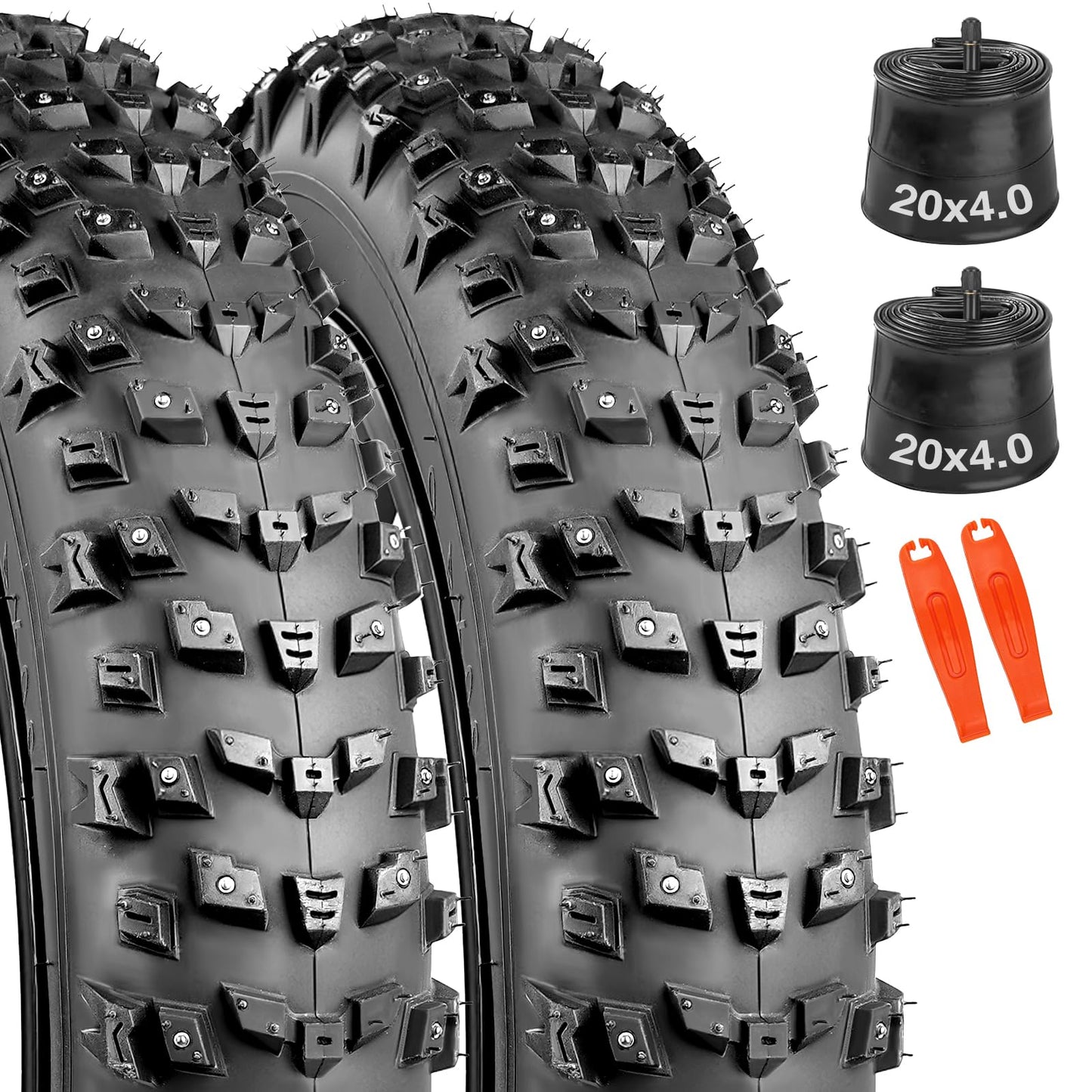 MAKELEN 20x4.0/26x4.0 Studded Snow Bike Tires - Deep Tread Winter Tire with Steel Spikes for Snow and Sand Terrains - Anti-Slip Bicycle Tires for Off-Road Cycling (Black(2 Tires&2Tubes), 20x4)