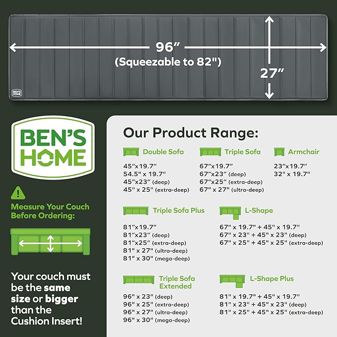BEN'SHOME Heavy Duty Couch Cushion Support Board – Instantly Repair Sagging Deep Sofa Seat | 27" x 82"-96" | .5" Furniture Grade Wood Under Cushions Insert, Anti-Slip, Extend Sofas & Couches Life