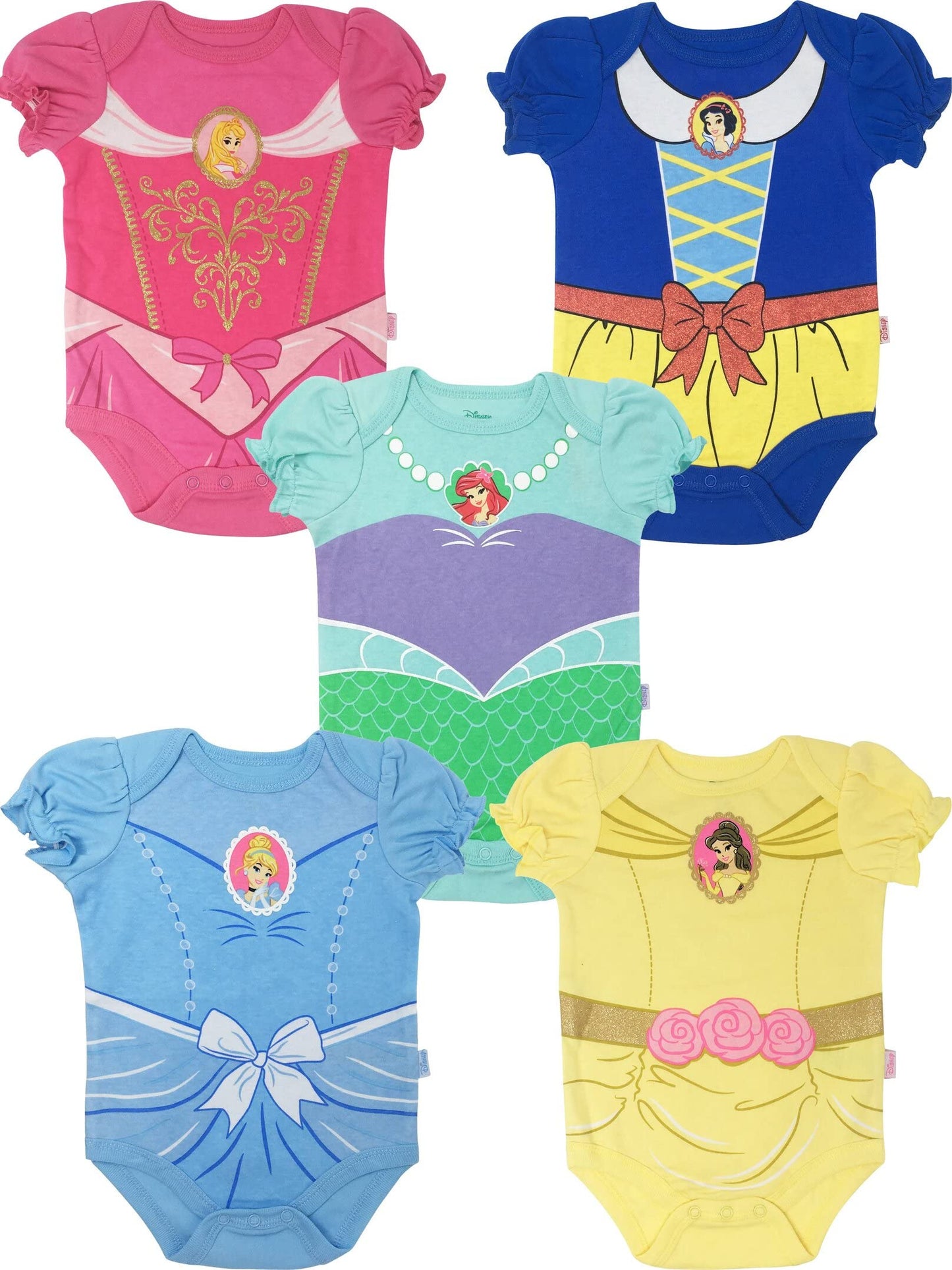 Disney Princess Snow White Belle Aurora Newborn Baby Girls 5 Pack Bodysuits Aurora, Snow White, Ariel, Cinderella, Belle 3-6 Months