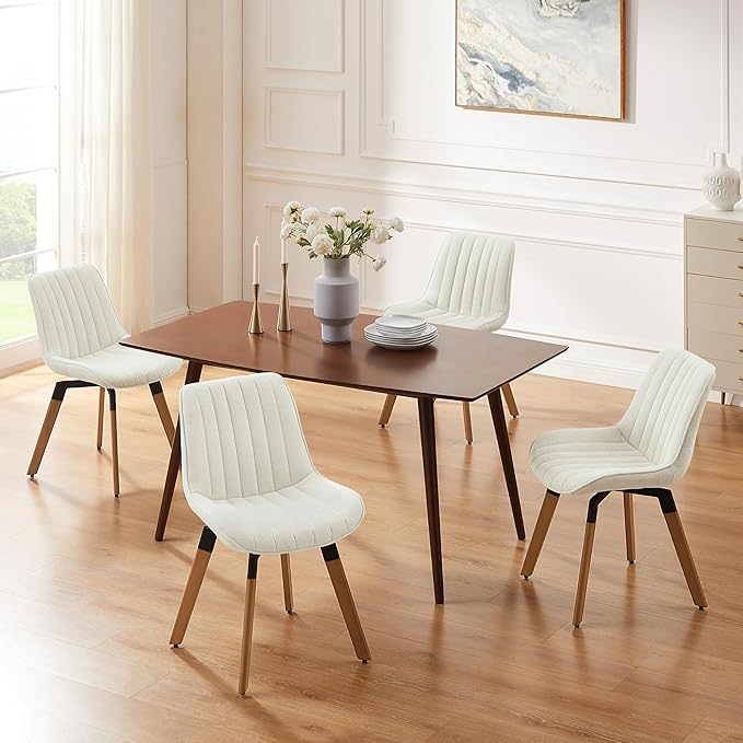 Art Leon Swivel Dining Chairs Set of 2, Mid Century Modern Kitchen Dining Room Chairs, Upholstered Fabric Armless Side Chair with Wood Legs for Living Room Bedroom, Off White