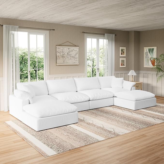 Intuition Decor Modular Sectional Sofa Cloud Couch,Down Filled Comfy Cloud Modern Sofa,White Linen U Shape 6 Seater Oversized Couch Cushion Covers Removable for Living Room