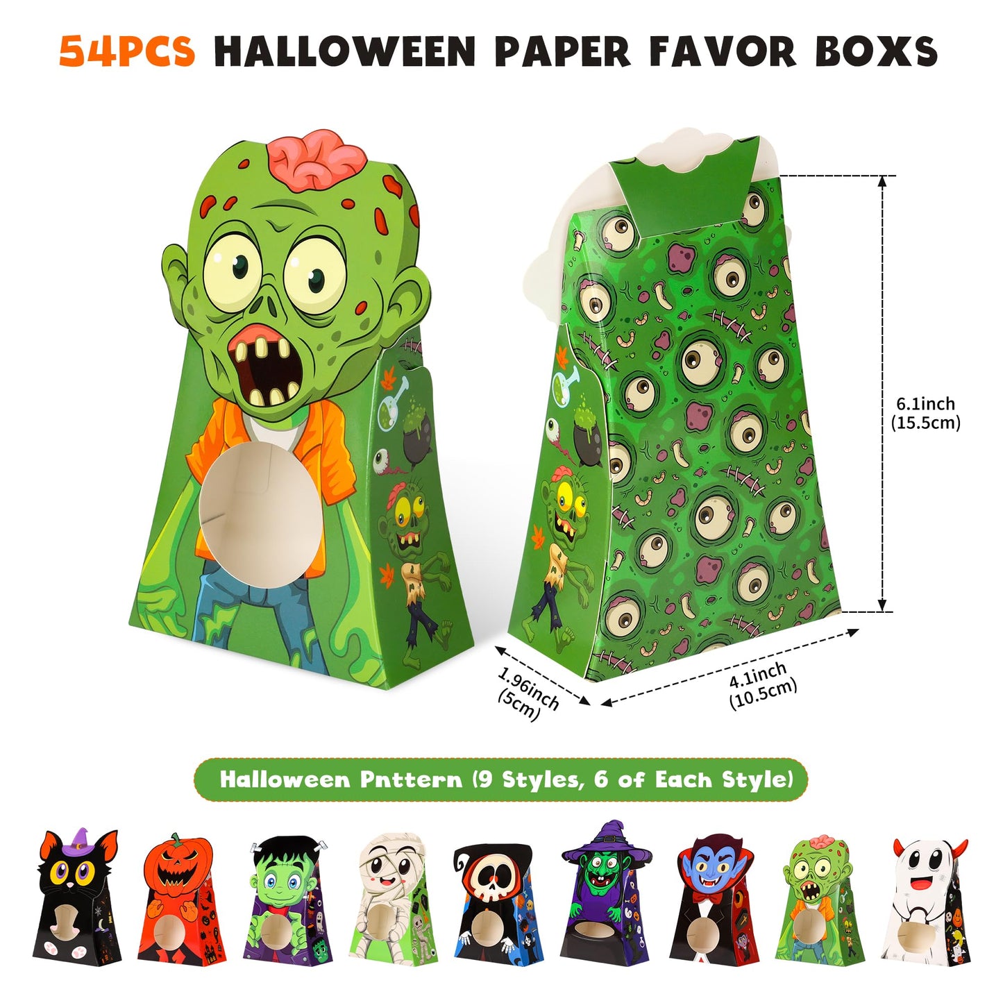 Giiffu 54 PCS Halloween Treat Boxes, Candy Goodie Bags with Window - 9 Designs for Kids Party Favors, Classroom Exchange, Trick or Treat Supplies