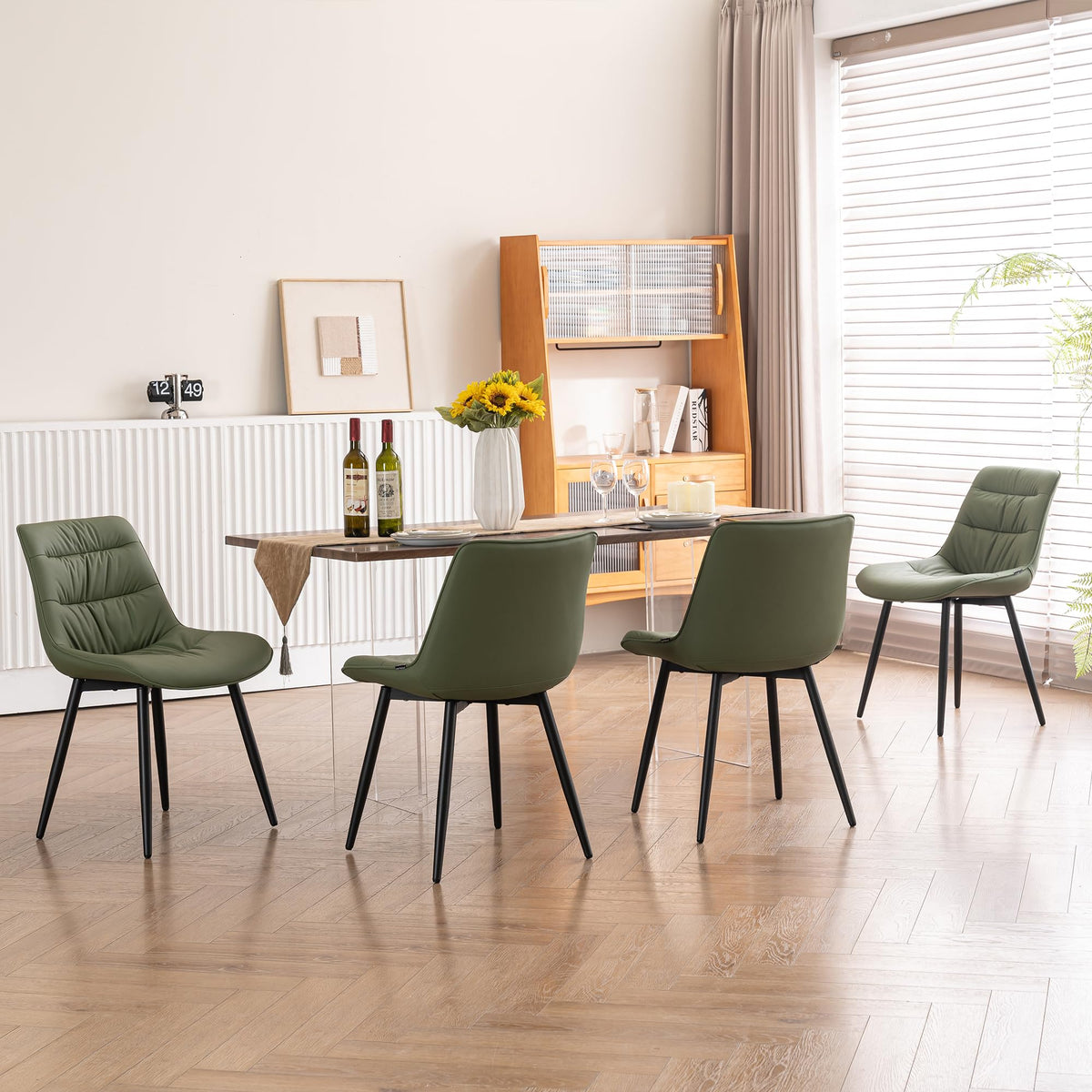 Rowill Dining Chairs Set of 2 Mid Century Modern Kitchen Chair Comfortable Upholstered Faux Leather Dinner Chairs for Kitchen Dining Room, Olive Green