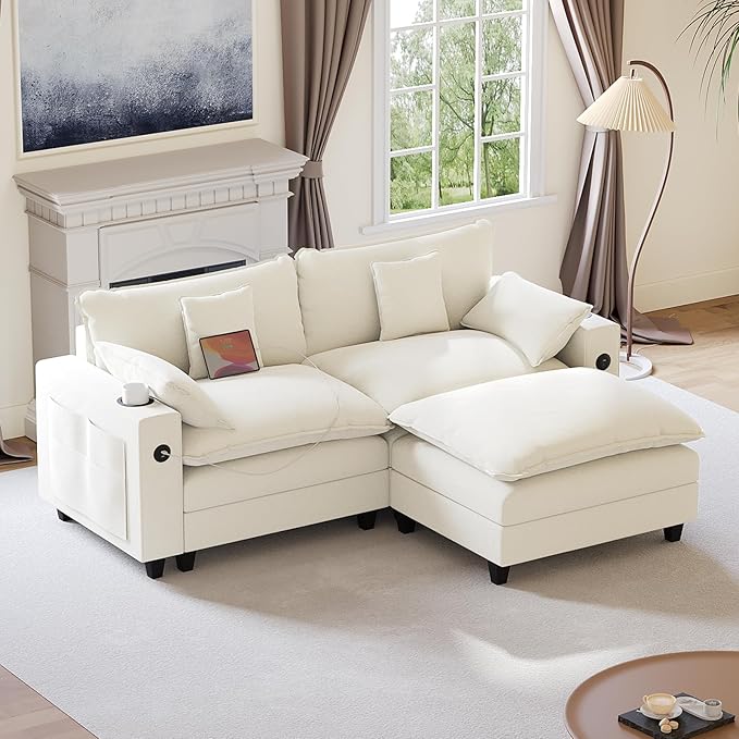 KCGKCG 80.7" Modular Sectional Sofa, L Shaped Cloud Couch with Movable Ottoman, Chenille Deep Seat Cloud Sofa with Charging Station, Cup Holder, Side Pocket, Sectional Couches for Living Room, Beige