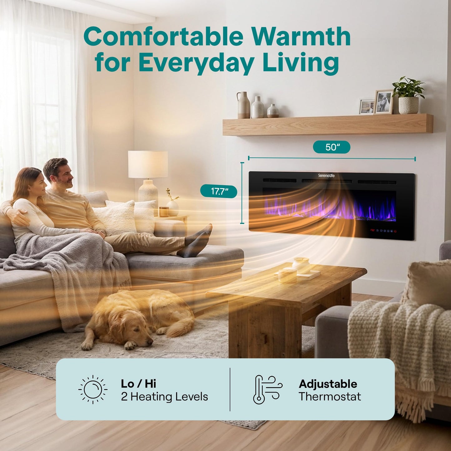 SereneLife 50 inch Electric Fireplace Heater with LED Flame, Smart Wi-Fi, Remote, Thermostat, 13 Color Modes, Recessed or Wall Mounted Fire Place, Quiet Operation, Overheat Protection, Black Frame