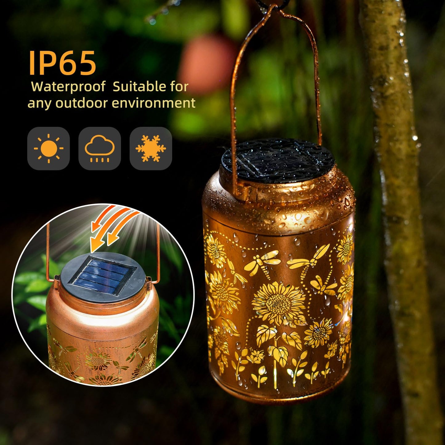 Sunflower Solar Lanterns Outdoor Waterproof,Birthday Gifts for Women Men Mom,Dragonfly Hanging Solar Lights Garden Decor Outdoor Lantern Metal Light Decorative Yard,Patio,Lawn,Porch,Deck,Balcony