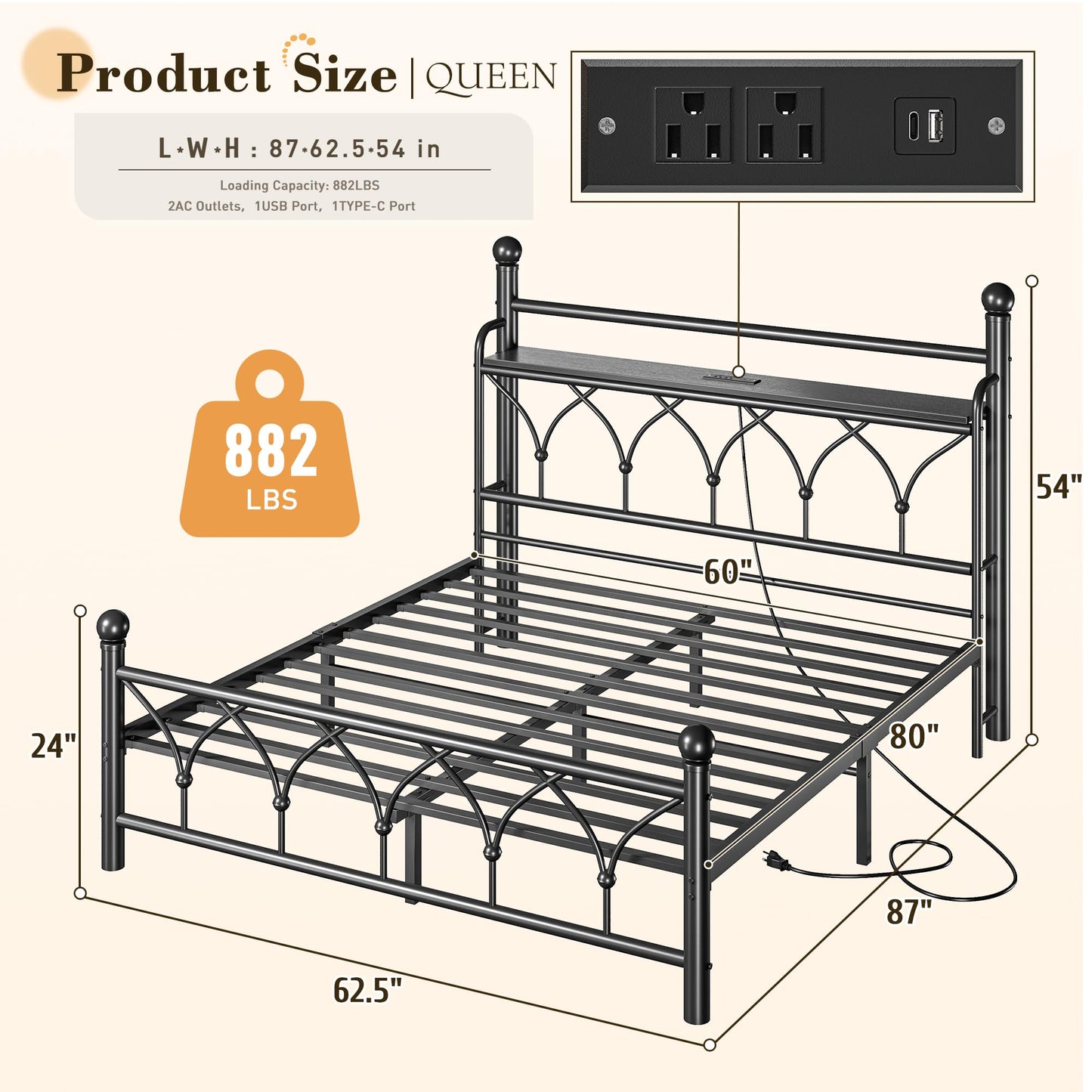 EnHomee Queen Bed Frame with Headboard, Metal Bed Frame Queen Size with LED Lights and Power Outlets, Heavy Duty Steel Slats Support with Storage, Sturdy & Noise-Free, No Box Spring Needed, Black