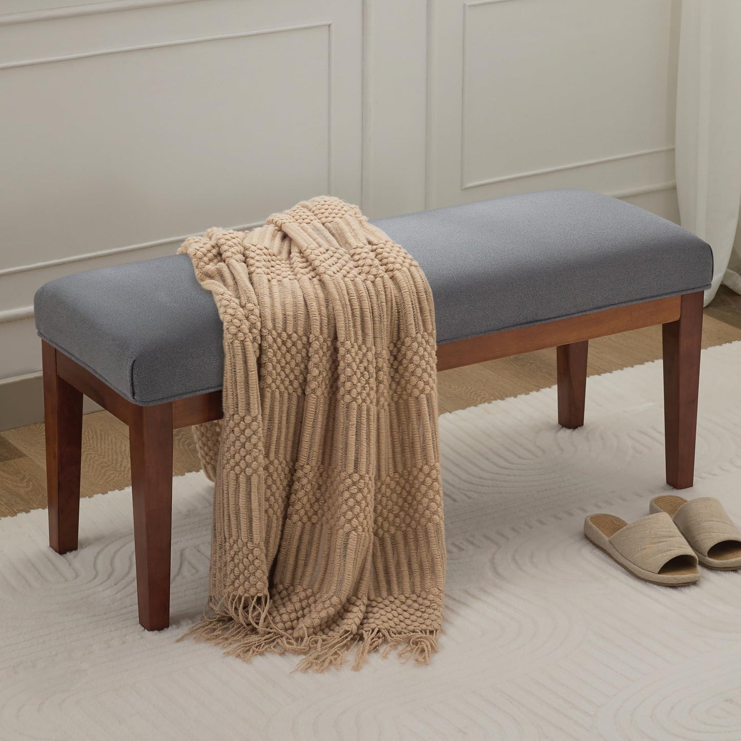43.5'' Linen Bedroom Bench, Upholstered End of Bed Bench, Padded Vintage Dining Bench, Entryway Bench with Solid Wood Legs, Kitchen, Living Room, Hallway, Dark Grey