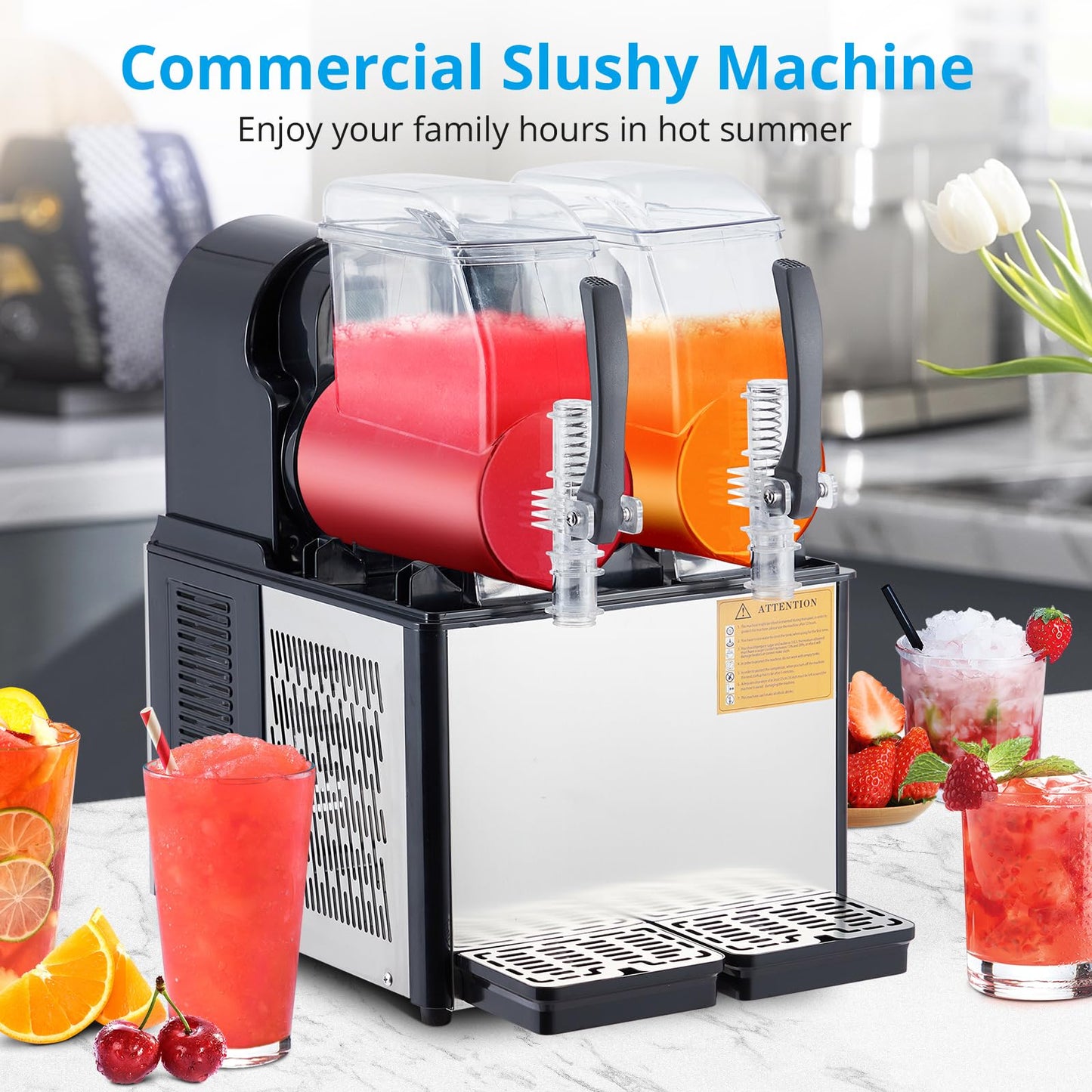 Garvee 4L×2 Dual-Tank Commercial Slushie Machine, 370W Commercial Grade, Self-Cleaning Stainless Steel, Simultaneous Two-Flavor Operation, Perfect for High-Volume Use in Cafes & Bars, Black