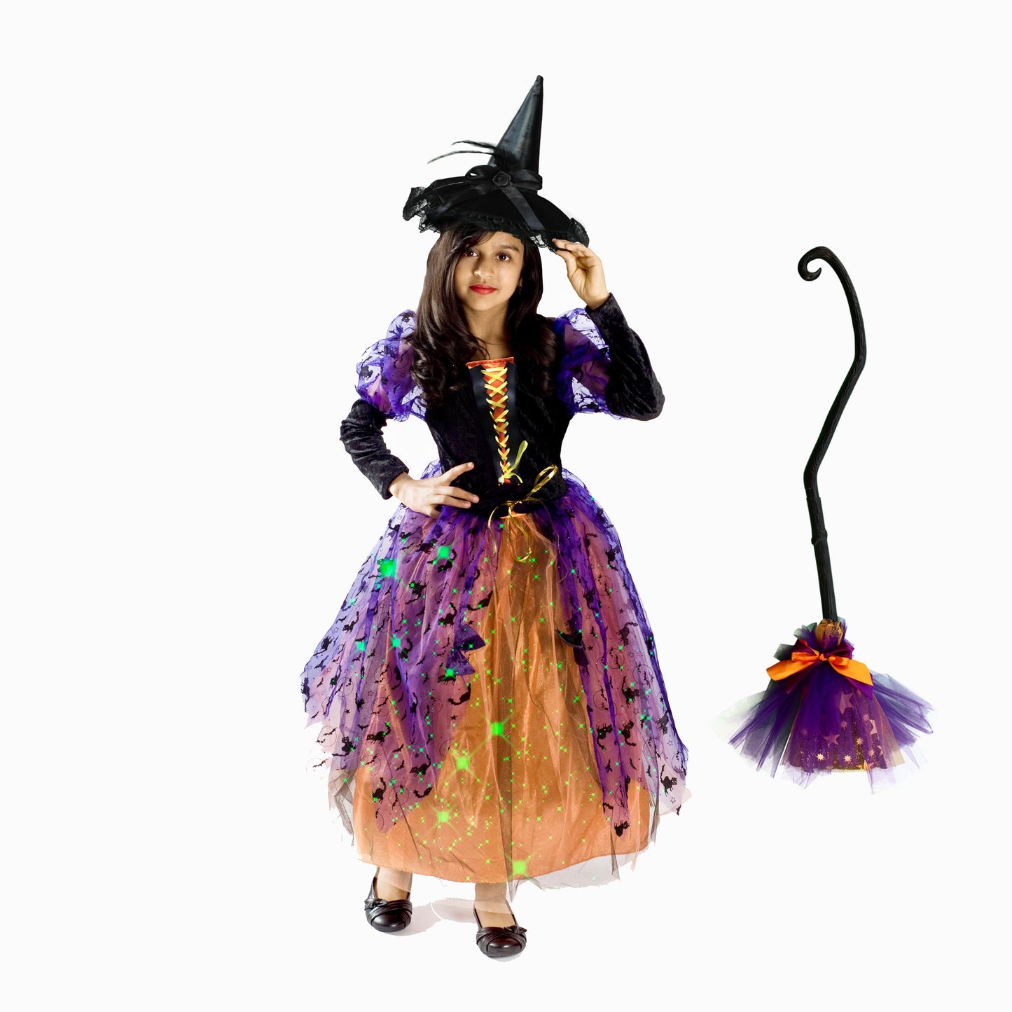 MONIKA FASHION WORLD Witch costume for girls with BROOM, black hat skirt lights up (Small (4-6))