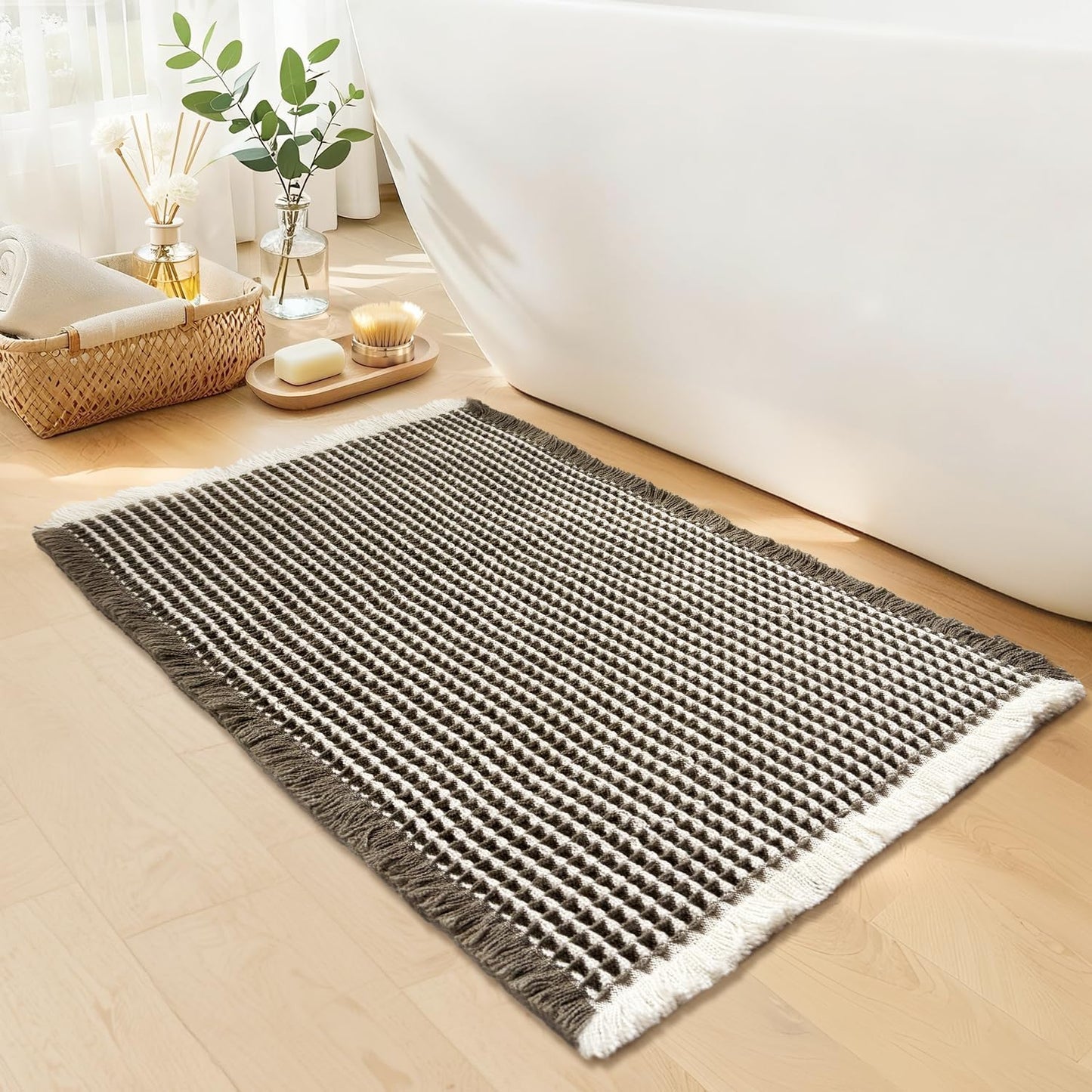 Waffle Bath Mat - Boho Bathroom Rugs Non Slip Washable, Super Absorbent & Quick Dry, Soft Bath Mat Farmhouse Bathroom Decor, 24'' x 36'', Olive Green and White
