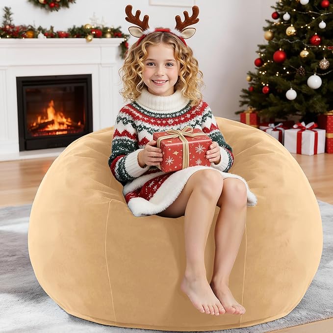 HABUTWAY 2FT Bean Bag Chair, 2' Beanbags Small Bean Bag Chairs with Filling, Teardrop Bean Bag Chair Luxurious Velvet Ultra Soft Fur with Removable Cover(Khaki)