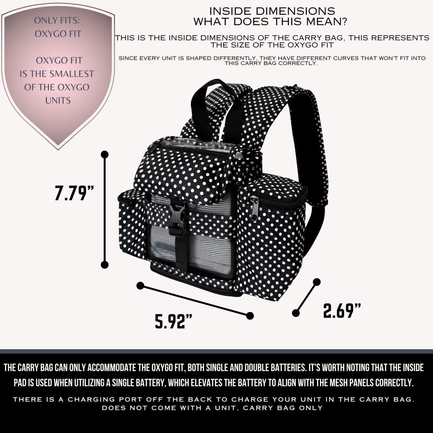 o2totes lightweight backpack fit for Inogen One G4, Inogen Rove 4, OxyGo Fit; pockets for extra inogen accessories, comfortable backpack straps, polka dot