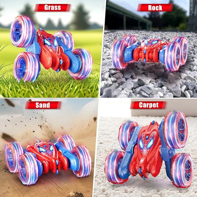 Spider Remote Control Car, 360° Stunt RC Cars for Kids Ages 6-12 Double-Sided Rotation, 4WD Cool Wheel Lights&2.4GHz Control; Rechargeable Electric Race Car Toys Gift for Boys Girls (Red&Blue)