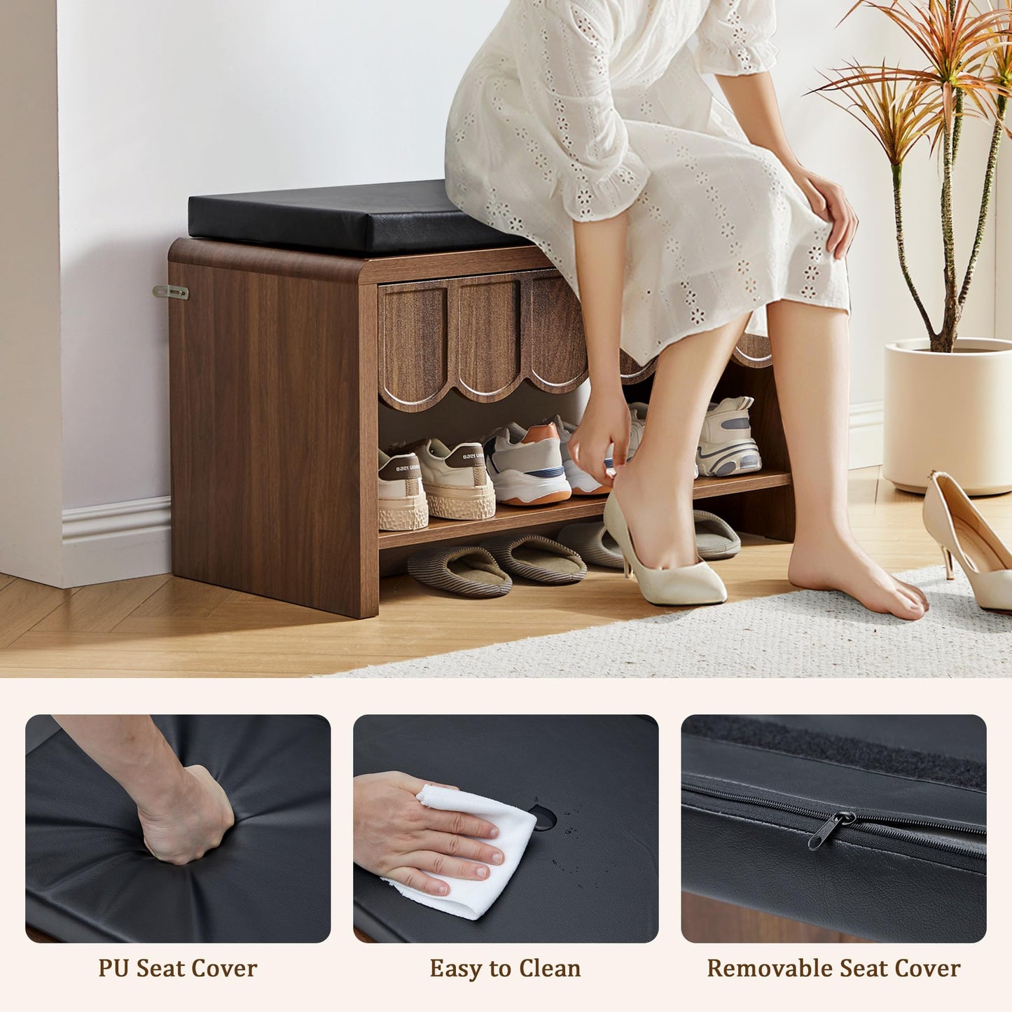 Shoe Storage Bench with Cushion, Shoe Rack Organizer Cabinet Bench with Wave Panel Drawer and Open Shelf for Entryway, Hallway, Living Room (Walnut)