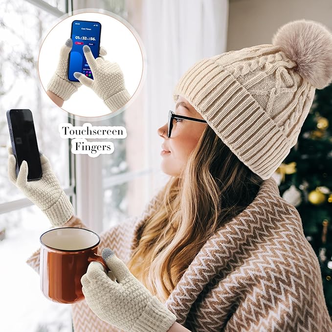 SATINIOR 5 Pcs Winter Hat Scarf Gloves Set Fleece Warm Lined Knit Beanie Hat Touch Screen Earmuff Gloves Warmer for Women(Beige,Rhombus Pattern)