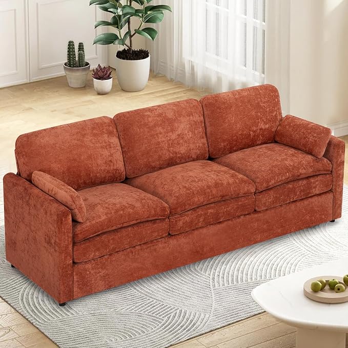 ACMEASE 89” Chenille Sofa w/Arm Pillows, Upholstered 3-Seater Sofa w/Comfortable Back Cushions, Modern 3 Seats Couch w/High-Density Foam for Living Room, Apartment, Office, Orange