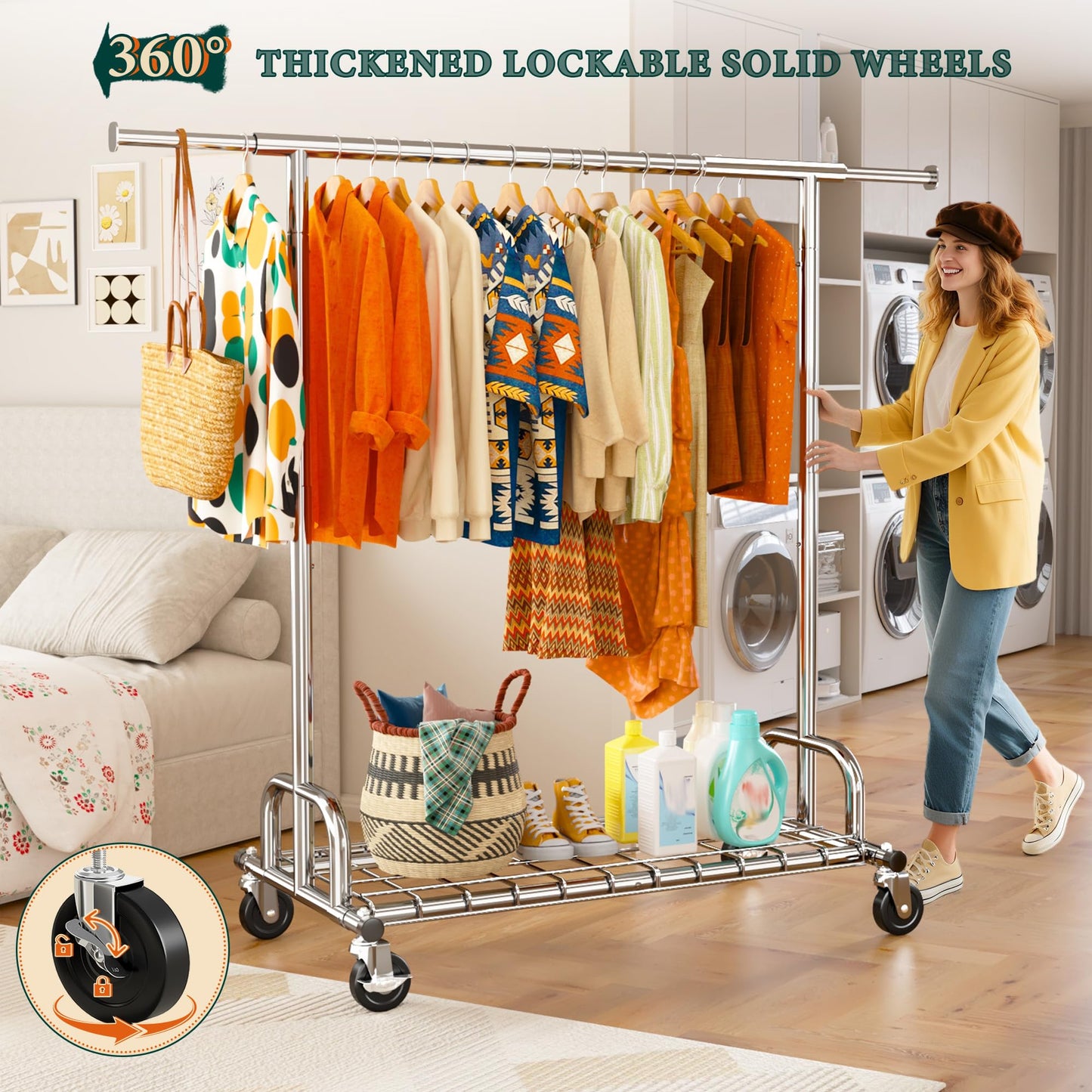 Raybee Clothes Rack, Clothing Rack Load 485 LBS, Heavy Duty Clothes Rack, Rolling Clothes Racks for Hanging Clothes, Metal Garment Rack with Sturdy Wheels