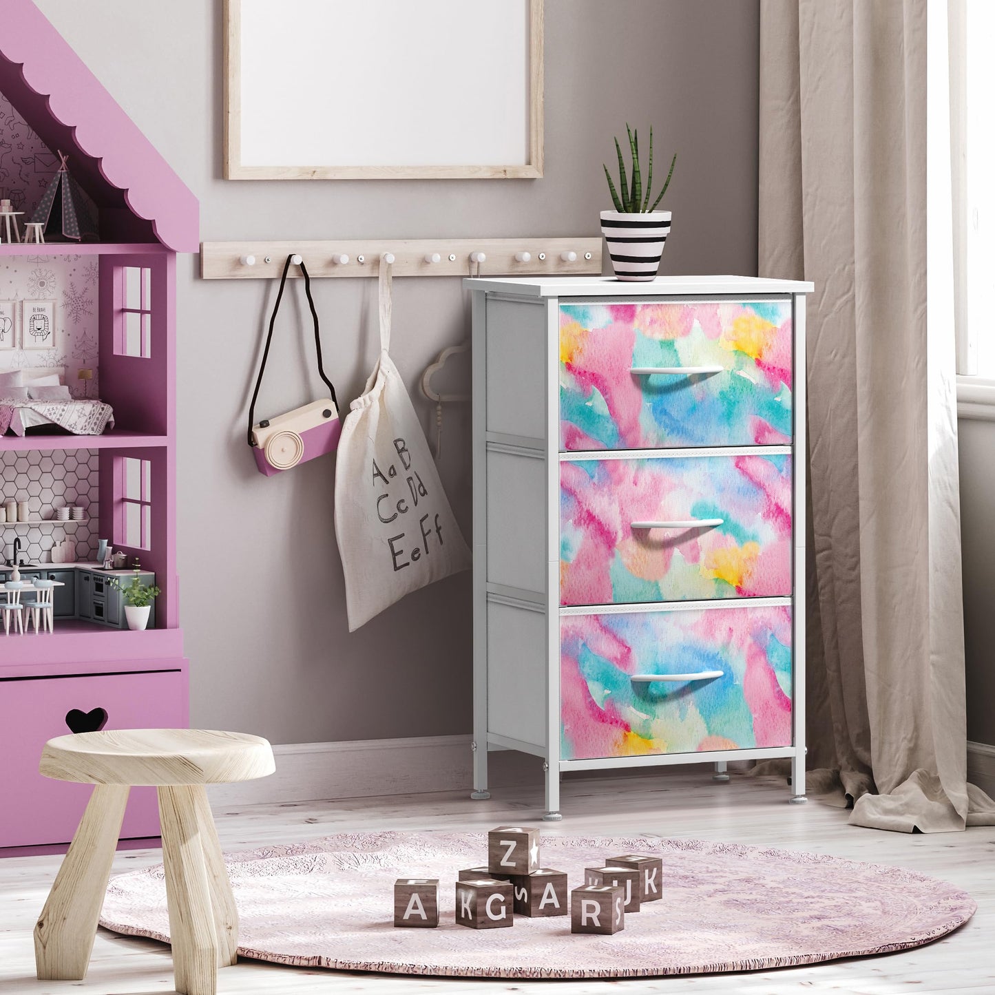Sorbus Kids Dresser with 3 Drawers - Storage Chest Organizer Nightstand - Steel Frame, Wood Top, Tie-Dye Fabric Bins for Clothes - Wide Furniture for Bedroom, Hallway, Nursery, Closet, & Apartment