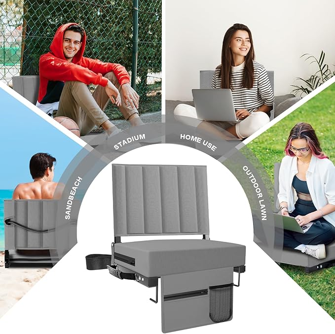 Aliphon Stadium Seat for Bleachers with Back Support and Cushion, Bleacher Seats with Shoulder Strap and Cup Holder, Padded Portable Folding Comfort Stadium Chair, for Sports Events, Grey (2pcs)