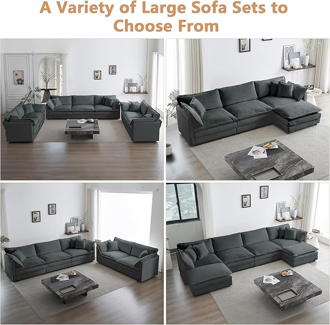 mikibama Luxury Modular Sectional Sofa, 146.5" Modern Chenille Comfy Cloud Couches for Living Room Office, 4 Seater Deep Sofa with 2 Armrest Pillows and 4 Toss Pillows, Grey