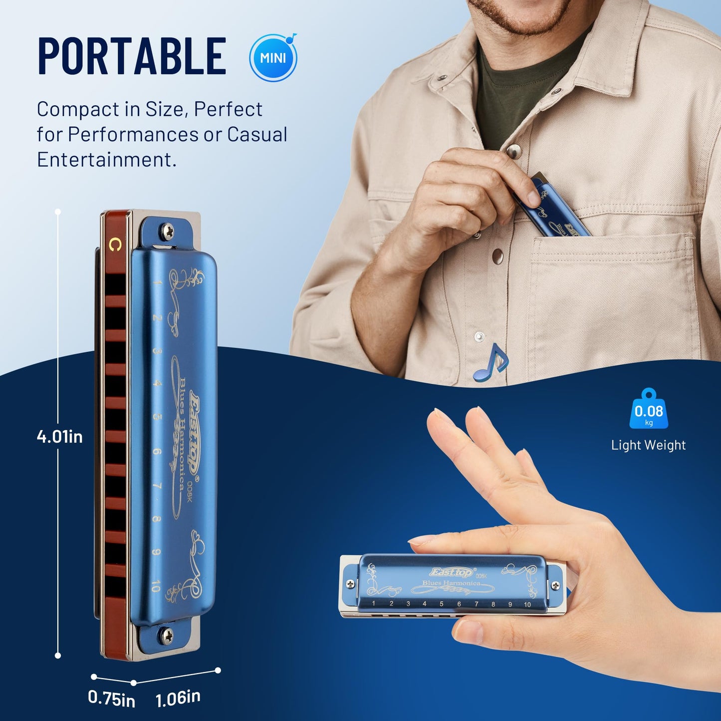 East Top Diatonic Harmonica Key Of F, 10 Holes 20 Tones 008K Diatonic Blues Harp Mouth Organ Harmonica With Blue Case, Standard