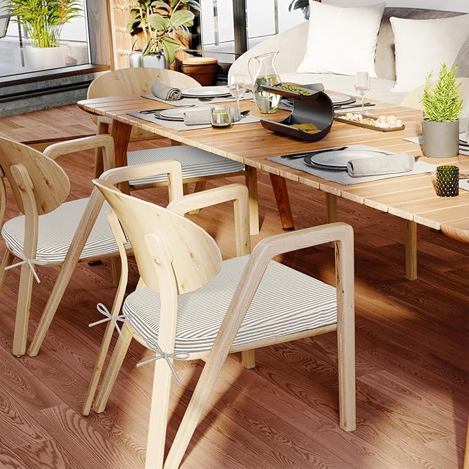 AAAAAcessories D-Shaped Chair Cushions, 2" Thick Dining Chair Pads with Ties and Removable, Machine-Washable Cover, 17" x 16", Set of 4, Natural Sand Pinstripe