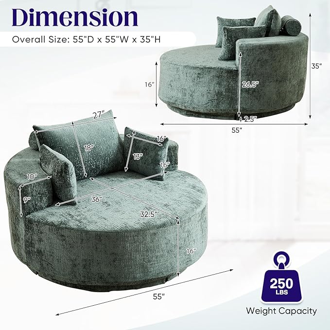 Oversized Round Swivel Chaise Longue Chair Indoor, Modern 55-inch 360 Degree Swivel Upholstered Chenille Deep Seat Circle Single Cloud Sofa Chair for Living Room Bedroom Apartment Office, Green