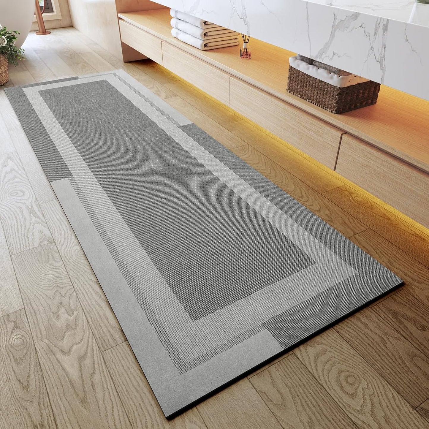 Extra Long Non Slip Bathroom Runner Bath Mat, Rubber Backing Ultra Thin Bath Rug Fit Under Door Quick Dry Super Absorbent Washable Shower Mat for Bathroom Floor Bathtub Sink, Grey 24"x70"