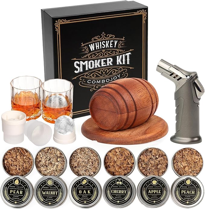 Whiskey Smoker Kit with Torch - 6 Flavors Wood Chips, 2 Glasses, 2 Ice Ball Molds - Cocktail Smoker Infuser Kit, Old Fashi...