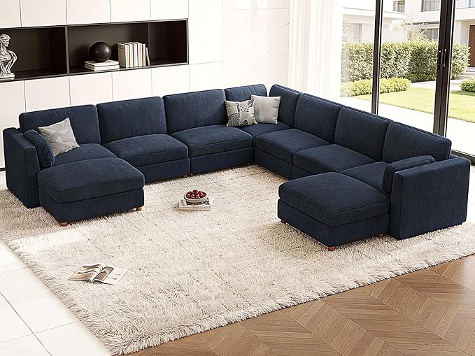 CUGOAO 159'' Modular Sectional Sofa,9-Seater Oversized U-Shaped Sectional Couch with Ottoman, Deep Seat Chenille Cloud Couch, Mordern Upholstered Couches for Living Room, Apartment, Office, Blue