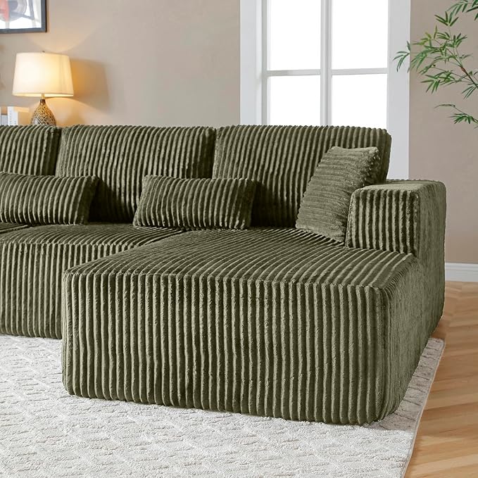 110" Cloud Sectional Couch, Modular Sectional Sofa with Deep Seat, Corduroy Upholstered Boneless Couch for Living Room Bedroom, Right Facing Chaise (Green)