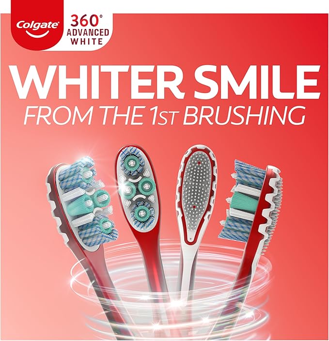 Colgate 360 Advanced Whitening Soft Toothbrush Pack, 4 Adult Soft Toothbrushes with Cheek and Tongue Cleaner, Helps Clean Your Teeth, Tongue, Cheeks, and Gums, 4 Pack