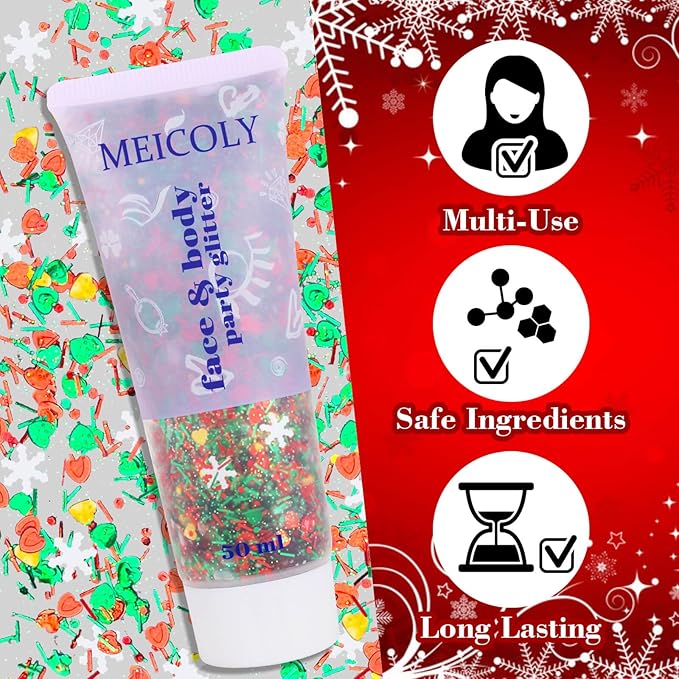 MEICOLY Christmas Face Body Glitter Gel,Christmas Stocking Stuffers Gift Decorations,Festival Hair Glitter for Women Kids Girls,Chunky Halloween Sparkling Glitter Face Paint