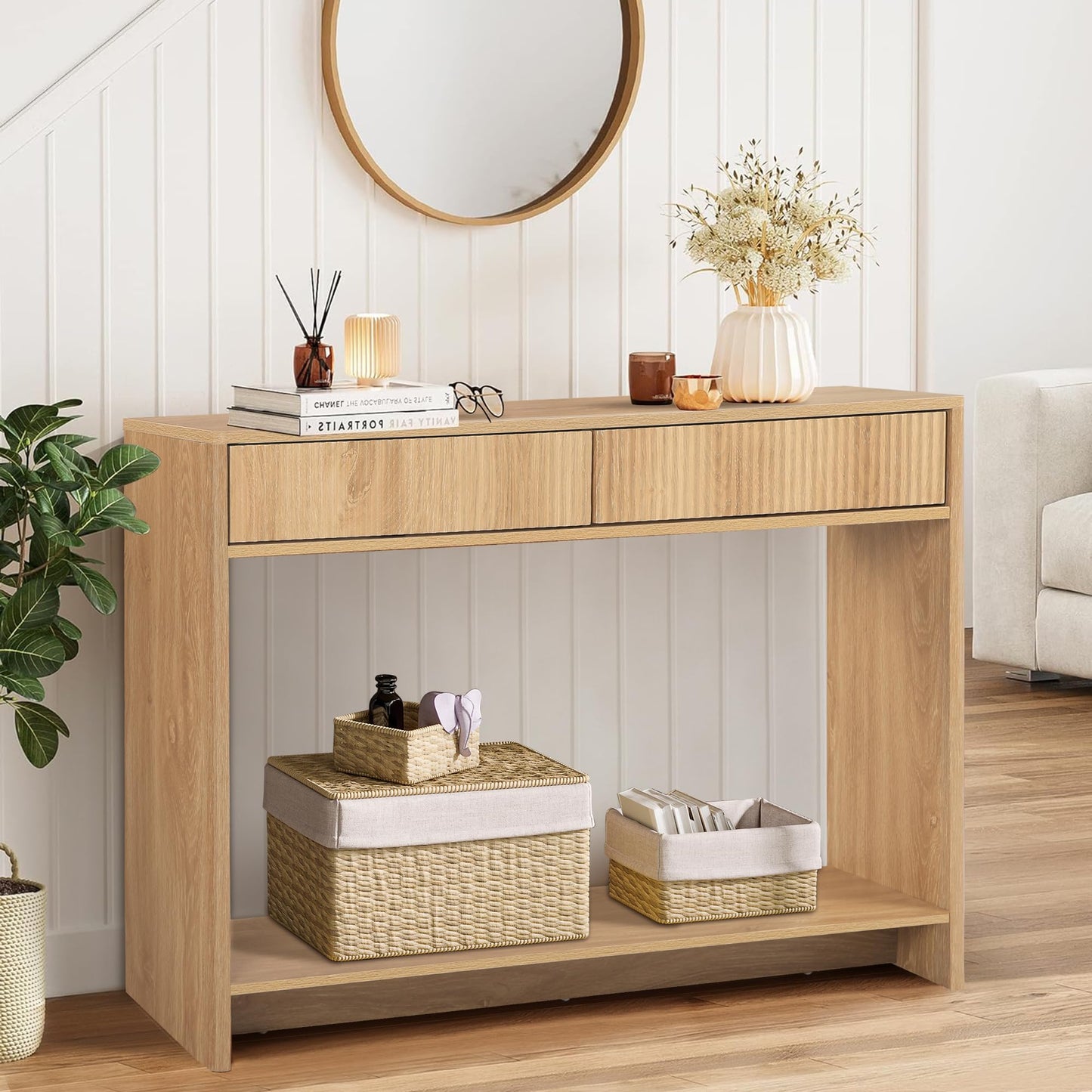 Entryway Table with Storage, Narrow Console Table with Drawers, 43.3' Couch Table Behind Sofa Long and Skinny for Living Room TV, Hallway Entrance Foyer, Mid Century Modern Boho Fluted Console Table