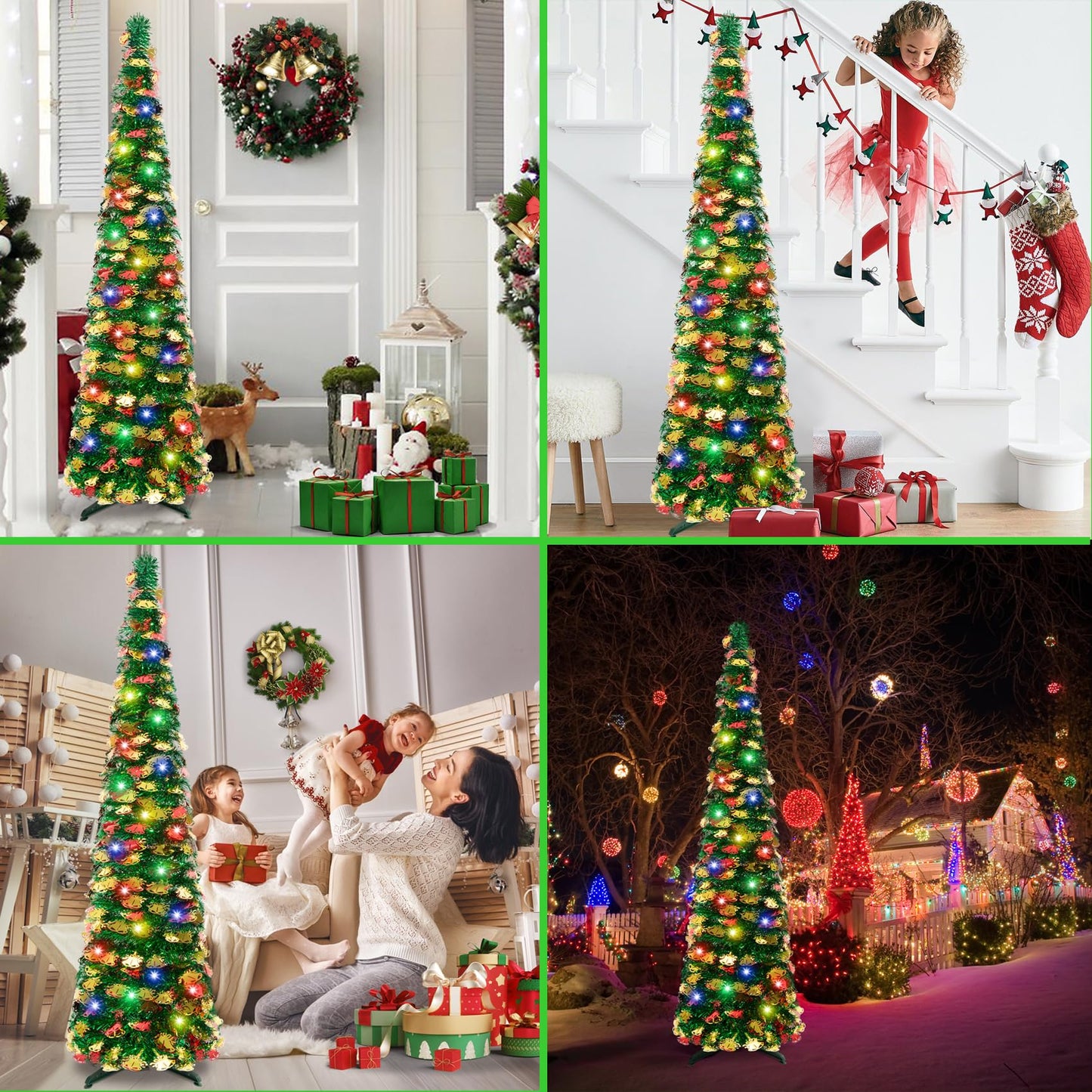 5Ft Pop Up Christmas Tree with Lights, Collapsible Pencil Tree Green Gold, Skinny Christmas Tree Slim Xmas Tree, Artificial Tinsel Tree Foldable for Home Apartment Holiday Party Winter Decor