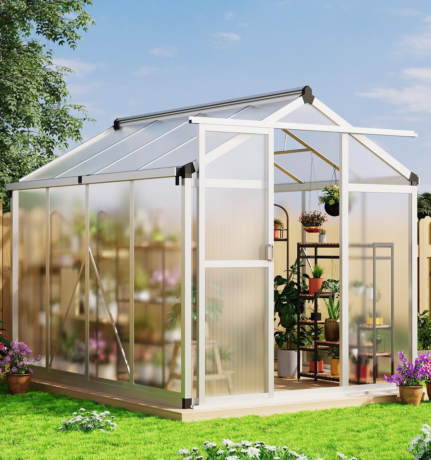 GAOMON 6 x 8 ft Greenhouse, Greenhouses for Outside, Polycarbonate Greenhouse with Aluminum Frame, Lockable Door, Adjustable Roof Vent, and Patio Garden Backyard Use, Silver