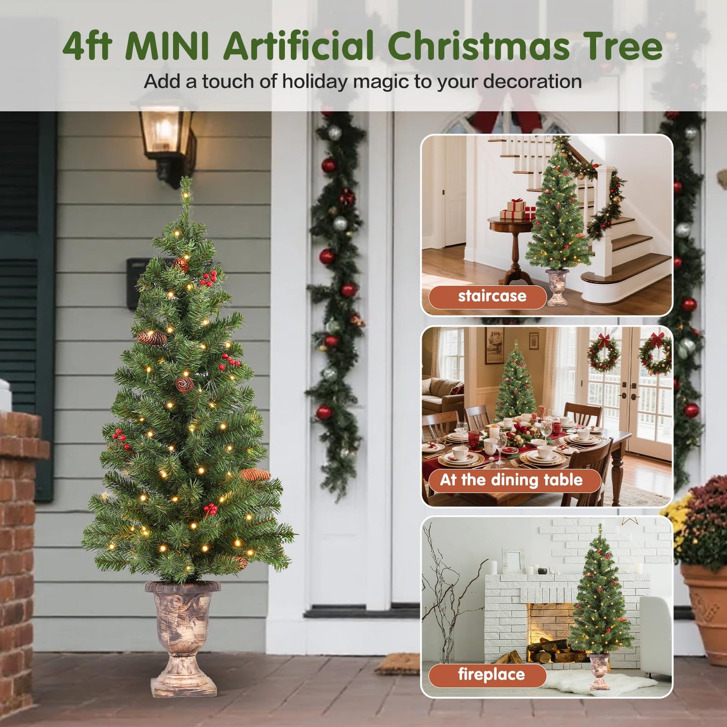 Santanelo 4FT Pre-lit Artificial Potted Christmas Tree with 50 LED Lights，Small Fake Spruce Tree,Xma Pine Cones Tree Decorated with 140 Branch Tips, Pine Cones&Red Berries, Plug in