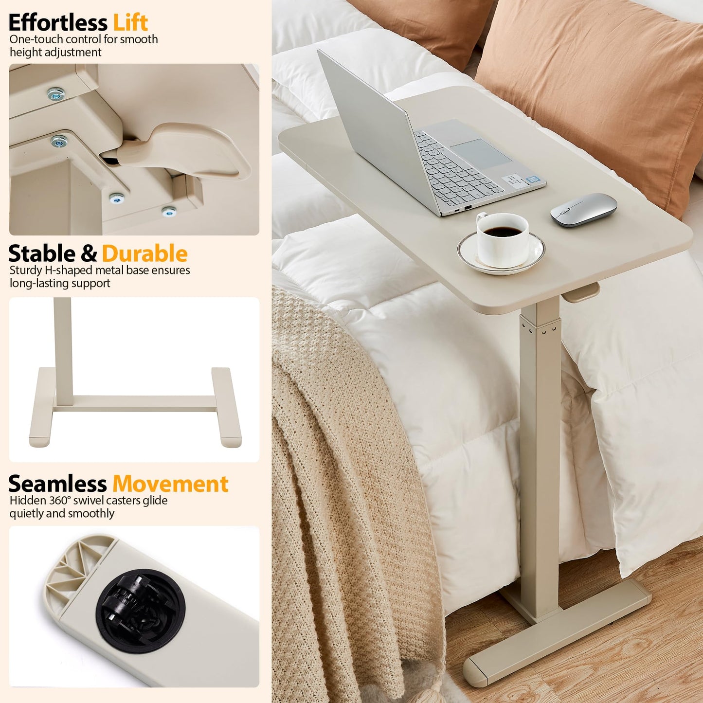 JYouHome Height Adjustable Overbed Table with Hidden Wheels, Mobile Standing Desk Hospital Bed Table Laptop Bedside Sofa Side Table, 16" D x 28" W Multi-Purpose Rolling Overbed Table, Greyish White